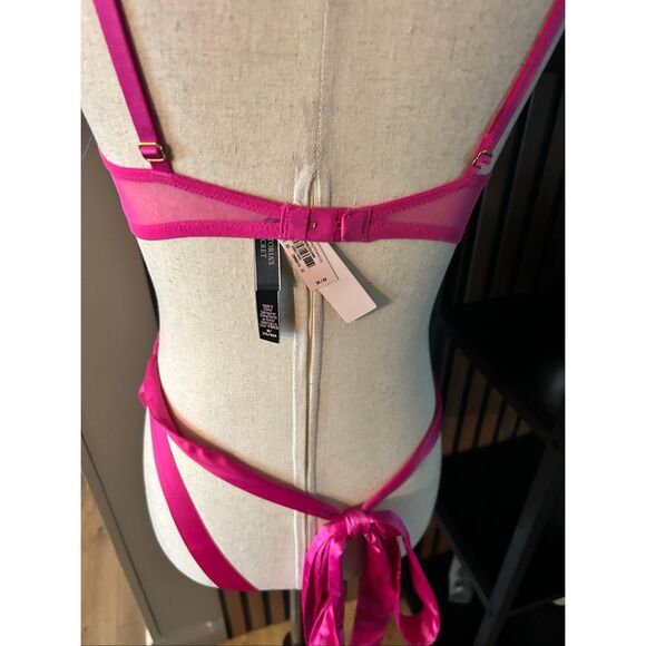 VICTORIA SECRET sz M TEDDY PINK SATIN LACE ONE PIECE V STRING VALENTINE NWT - Picture 3 of 7